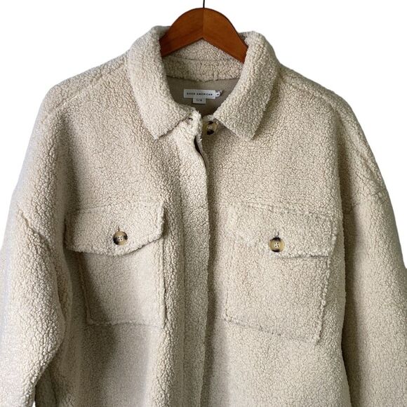 Good American Cream Sherpa Shacket Oversize Button Down Shirt Jacket Size 1/2 XL - Picture 4 of 16